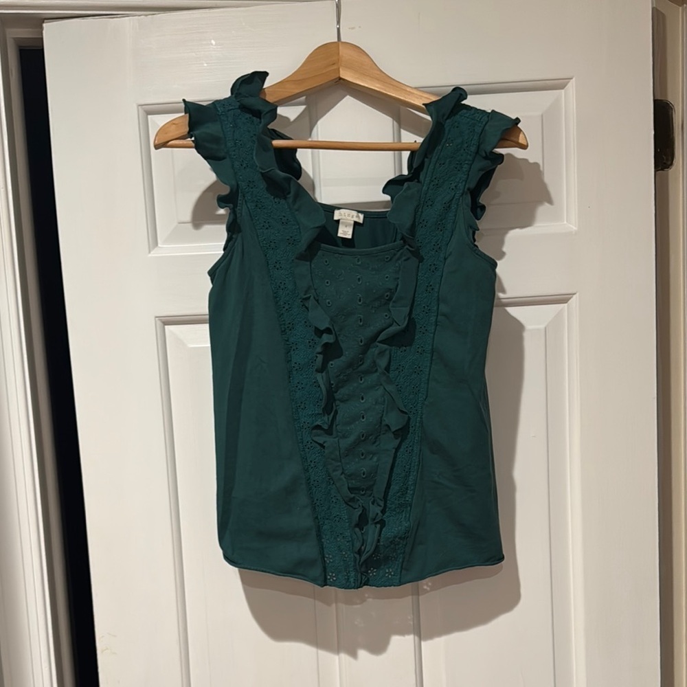 Hinge Green Sleeveless Top with Ruffles And Eyelet Accents